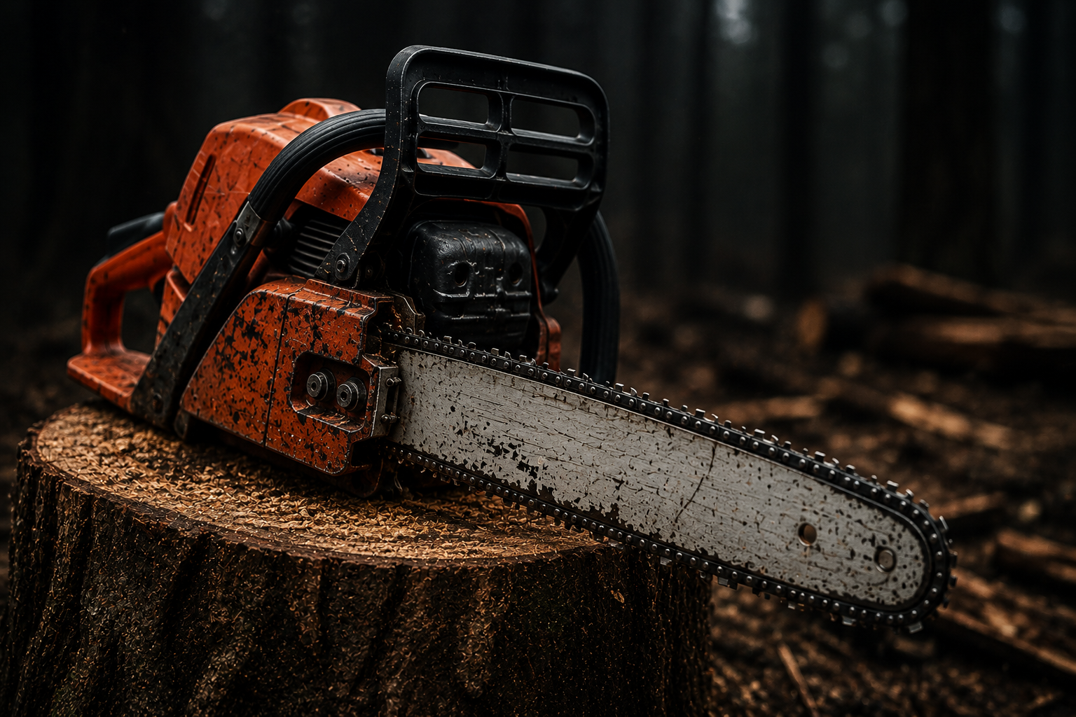 A chainsaw resting on a freshly cut tree stump in a dim forest.