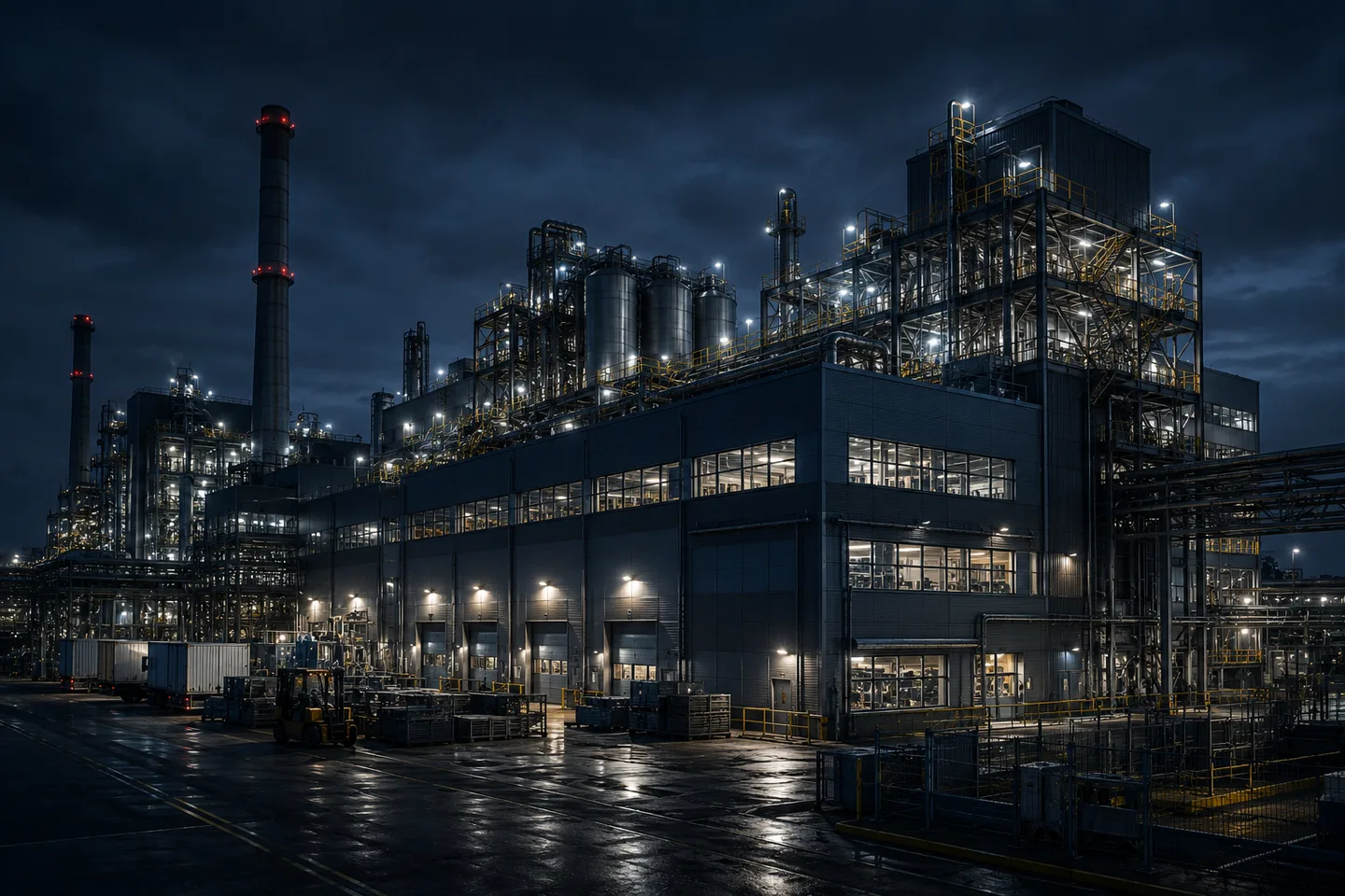 An industrial chemical plant lit up at night — stacks, piping, and lit windows against a dark sky.