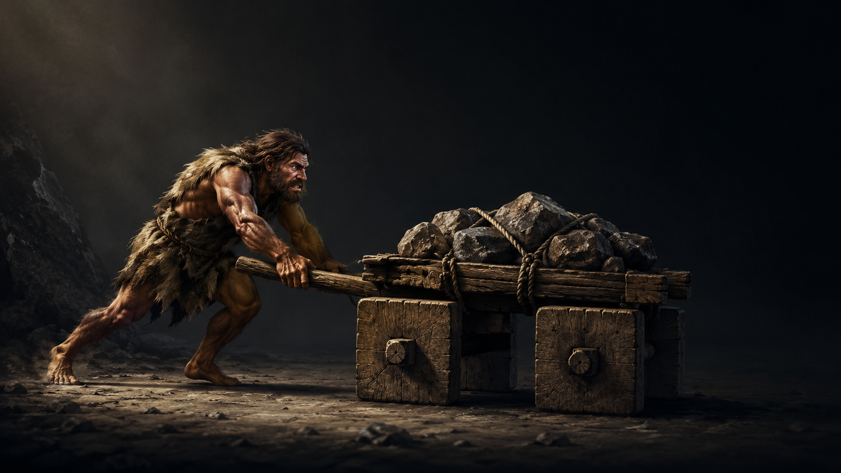 An ancient figure straining to push a heavy stone cart with no wheels across rough ground.