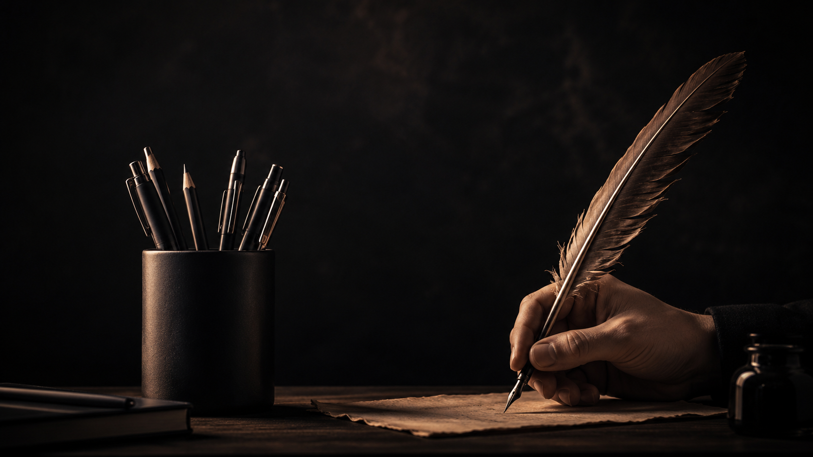 A hand writing with a quill pen on parchment, beside a cup of unused pencils on a dark desk.