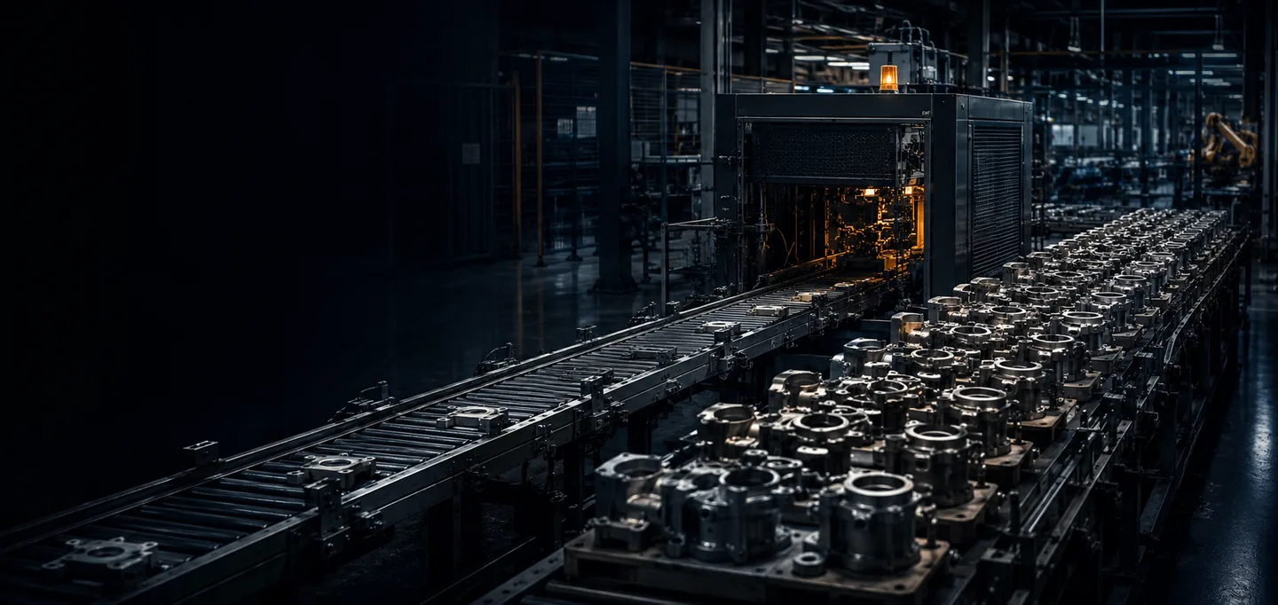 A dark factory floor at night: machined metal parts stacked along a conveyor line feeding into a single machine lit by an amber warning beacon, with the track behind it running empty.