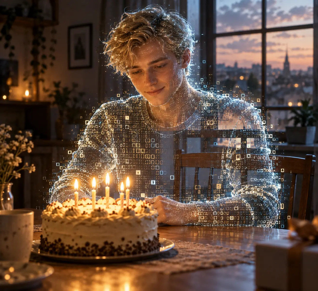 A figure made of shimmering pale-blue data points sits at a dining table behind a lit birthday cake, a city at dusk visible through the window behind.