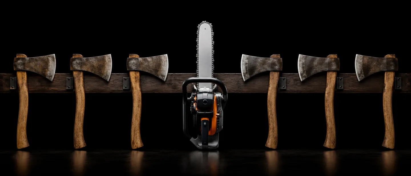 A row of weathered axes mounted on a dark wooden beam, with a single chainsaw standing among them.