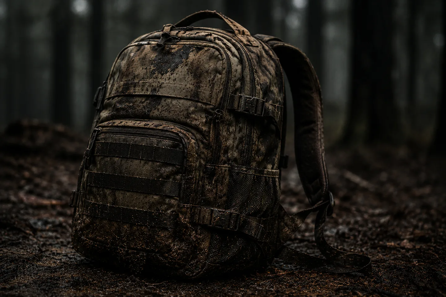 A mud-caked tactical backpack sitting on wet ground in a dark forest.