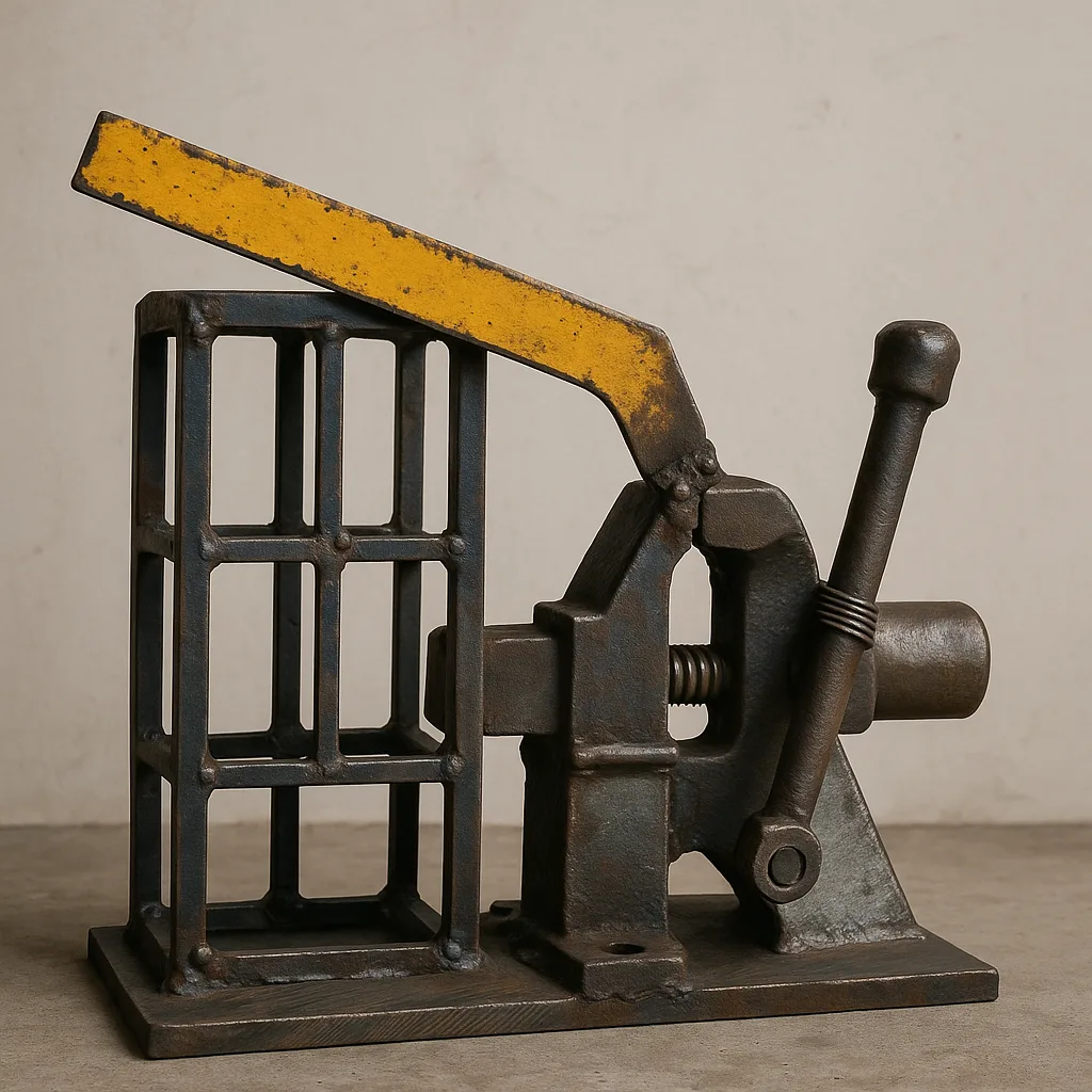 A sculpture assembled from salvaged iron — a bench vise gripping a welded cage frame, with a single yellow-painted steel bar angled across the top.