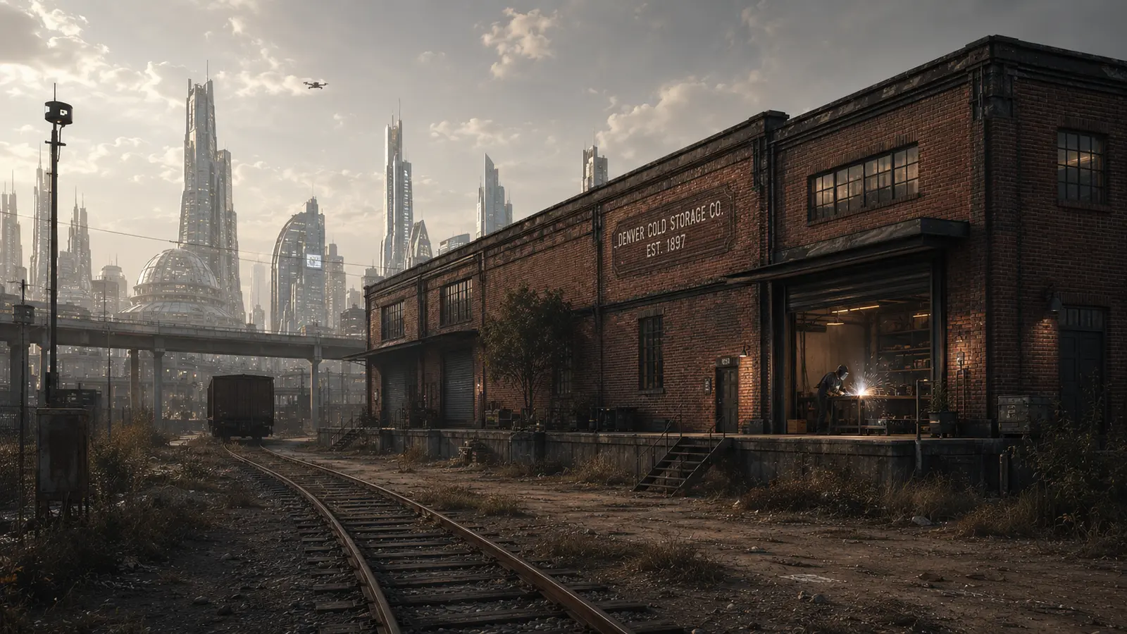 The Warehouse - an art commune in the year 2075 - futuristic city in the background, forgotten warehouse in the foreground.
