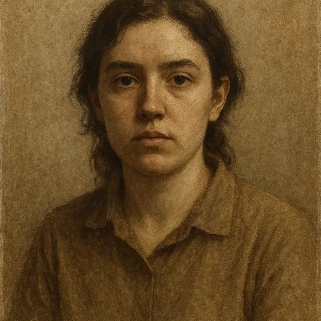 A muted portrait of Wren Abadi, one of the warehouse artists, facing the viewer against a plain umber background.