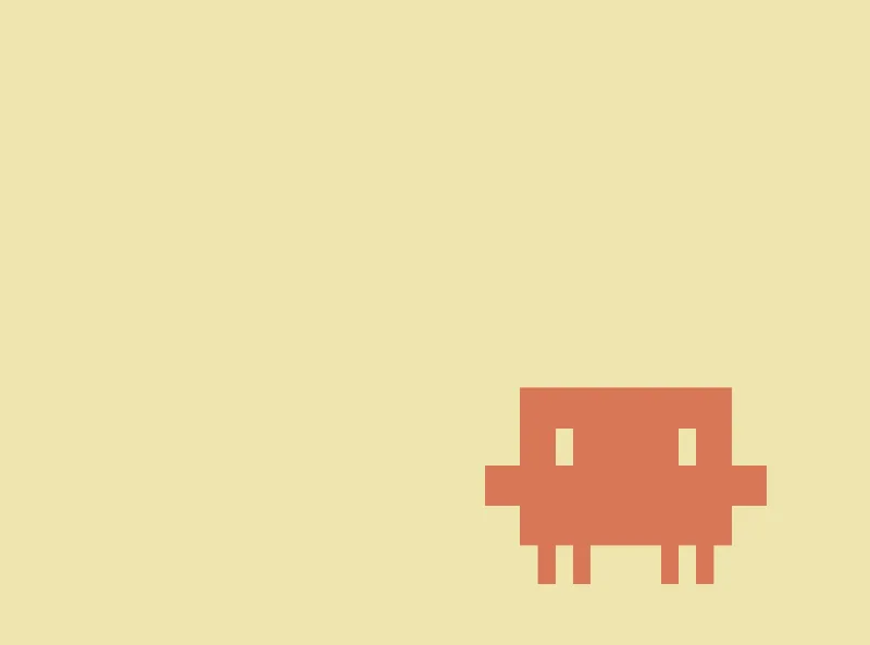A minimalist pixel-art illustration of an orange robot creature on a pale yellow background.
