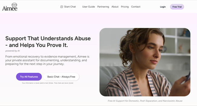 Aimee Says product screenshot — "Support that understands abuse — and helps you prove it."