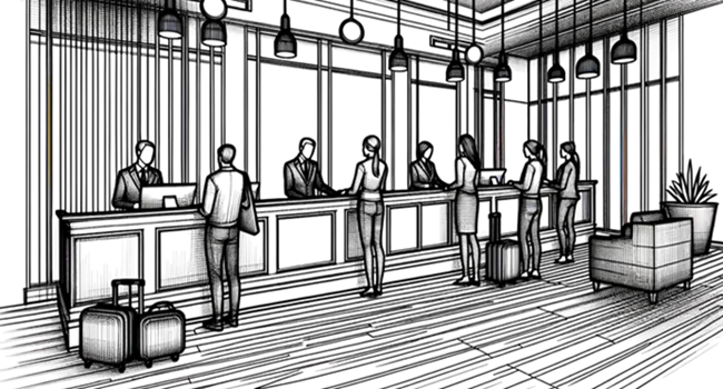 Line illustration of a hotel front desk, staff and guests at check-in.