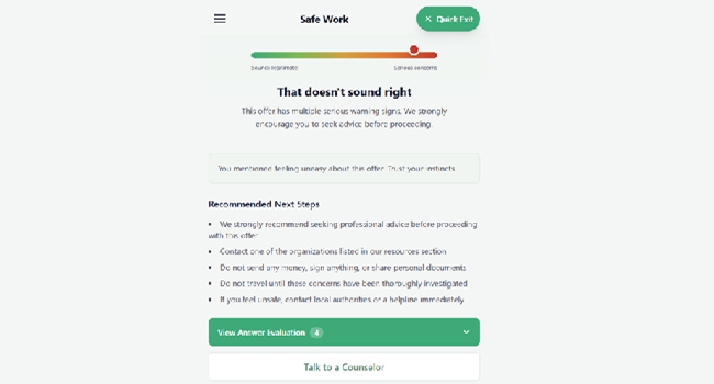 Safe Work app — risk assessment of a job offer with warning indicators, recommended next steps, and a Quick Exit safety button.
